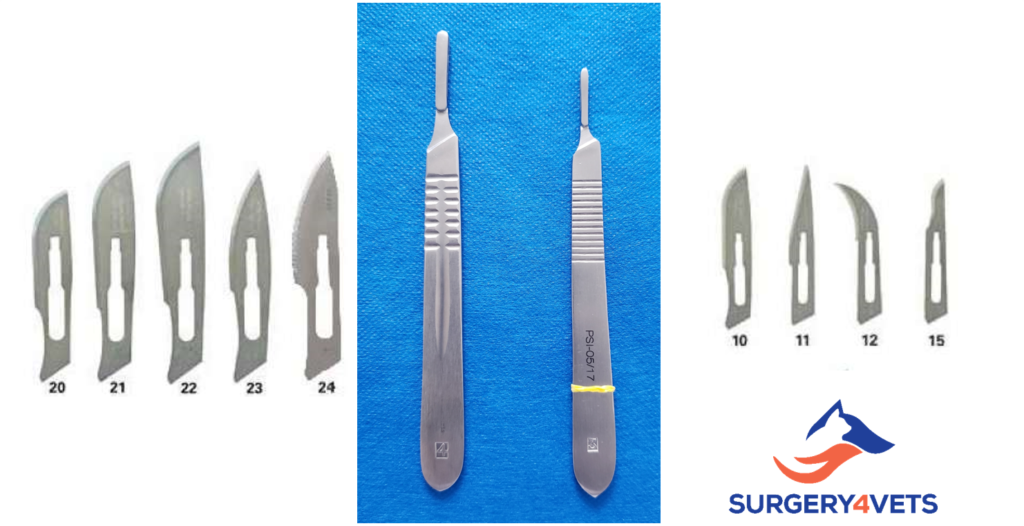 Bisturi nº 4 com lâminas 20, 21, 22, 23 e 24; e bisturi nº 3 com lâminas 10, 11, 12 e 15.