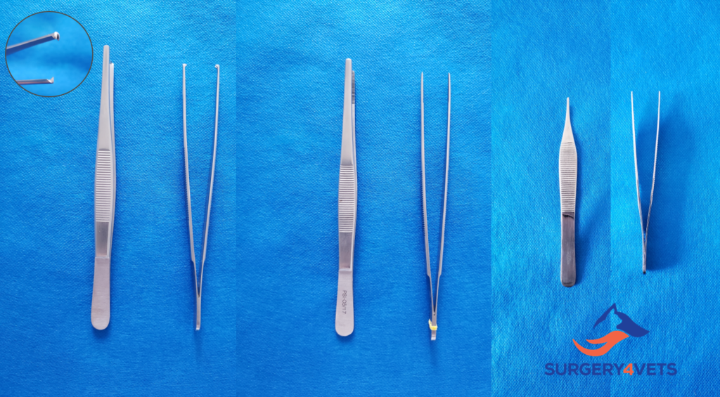 Pinças de dissecção: pinça dente-de-rato, anatômica e de Adson, respectivamente.